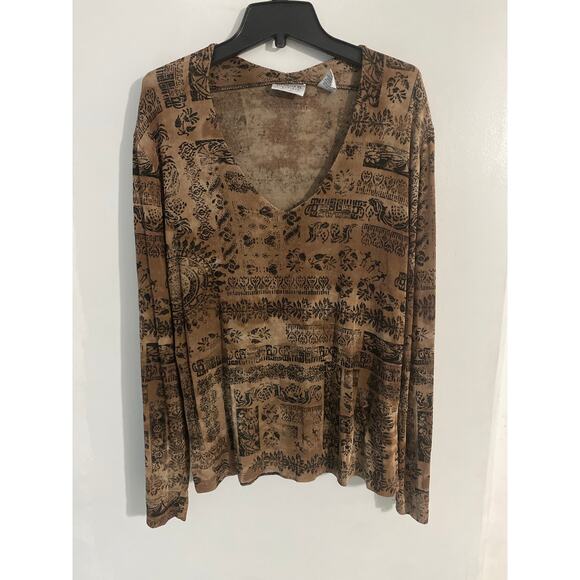 Chico’s Travelers shirt women’s size 2 brown printed stretchy slinky comfort - Picture 1 of 4